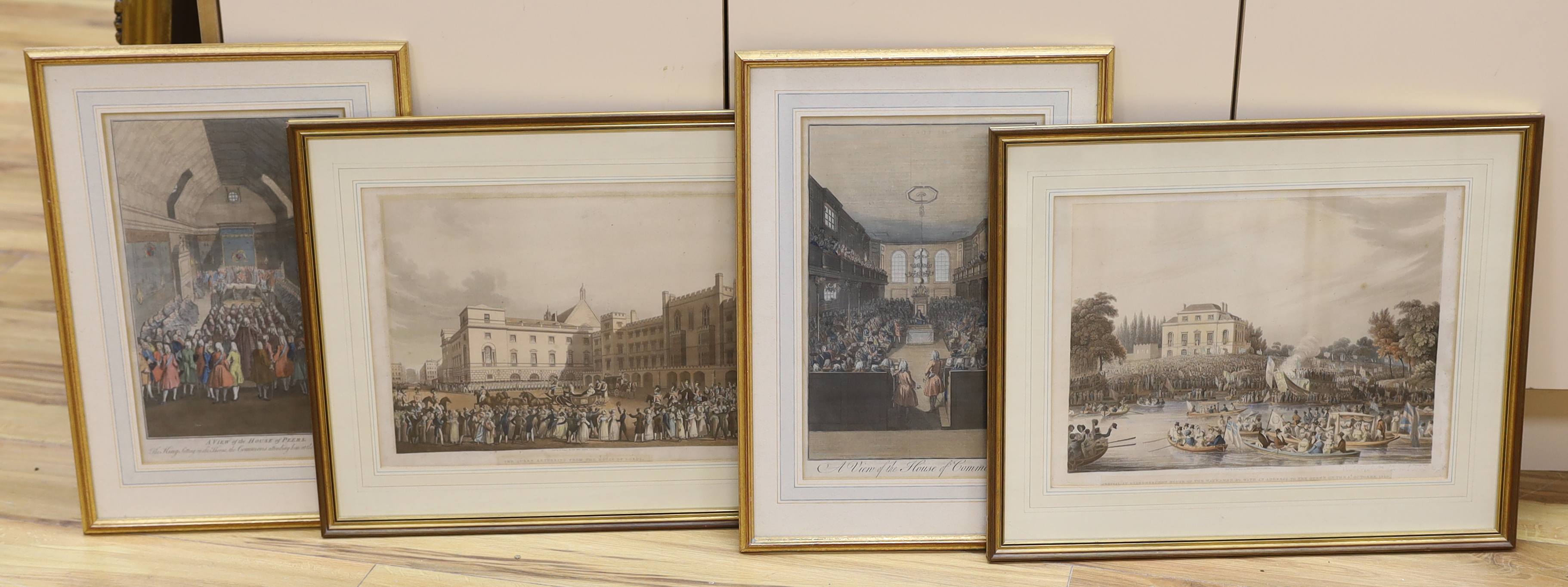 Four 18th / 19th century hand coloured engravings / aquatints, 'Arrival at Brandenburgh House of the Waterman', 'A View of the House of Commons' and 'A View of the House of Piers', largest 31 x 40cm